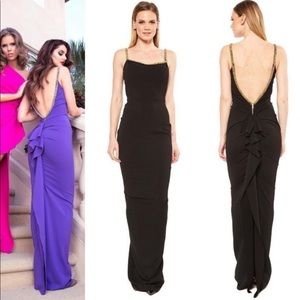 Nicole Bakti Black Crystalized Trim Ruffled Back Gown Dress Size S